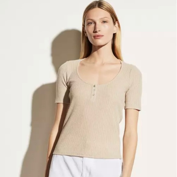 Vince Linen Henley Scoop Neck Top Natural Color - Picture 3 of 11